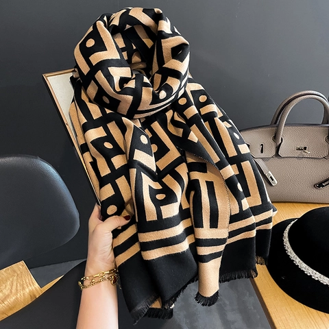 Winter Scarf Women Imitation Cashmere Thick Warm Geometric Pattern Shawl Dual Sided Wrap With Fringe Tassels