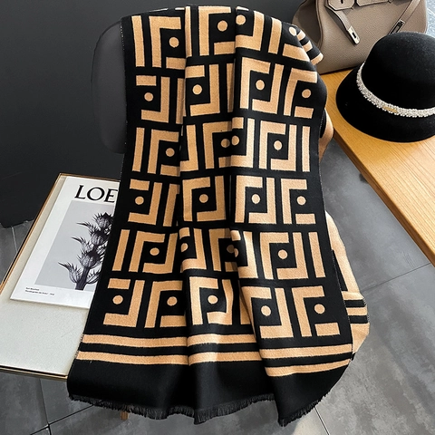 Winter Scarf Women Imitation Cashmere Thick Warm Geometric Pattern Shawl Dual Sided Wrap With Fringe Tassels
