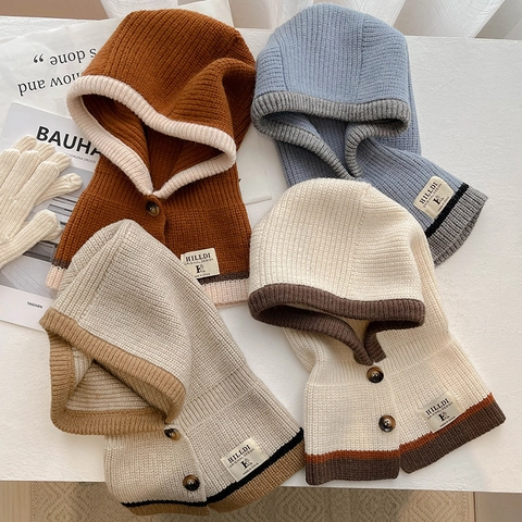 Pasamontañas de Punto de Color Sólido para Mujer Invierno Cálido Cortavientos Bufanda con Capucha Botones Ribete en Contraste
