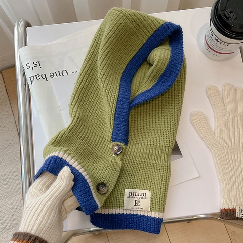 Pasamontañas de Punto de Color Sólido para Mujer Invierno Cálido Cortavientos Bufanda con Capucha Botones Ribete en Contraste
