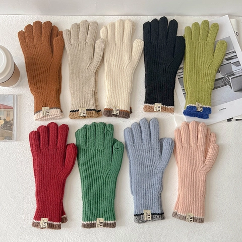 Damen Strickgarn Winter Warme Handschuhe mit Touchscreen Fingeröffnung Rippbündchen Etikett Dekor Einfarbige Handschuhe
