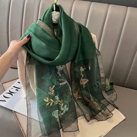 Damen Schal Stola Satin Wolle Mix Elegant Stickerei Schmetterling Blume Metallischer Rand Winter Warm Einwickeltuch