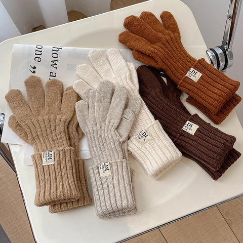 Guantes De Punto De Invierno Para Mujer Suaves De Canalé Apertura Táctil Dedo Cálidos Color Sólido Estilo Coreano Exterior