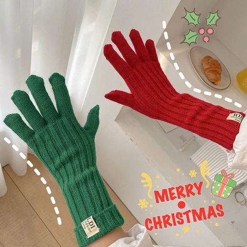 Guantes De Punto De Invierno Para Mujer Suaves De Canalé Apertura Táctil Dedo Cálidos Color Sólido Estilo Coreano Exterior