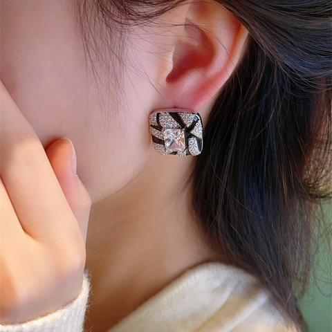 Vintage Zebra Strepen Geometrische Vierkante Oorknopjes Met Zirkonia En Zwart Emaille 925 Sterling Zilveren Oorsteker