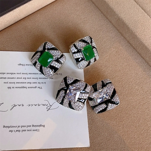 Vintage Zebra Strepen Geometrische Vierkante Oorknopjes Met Zirkonia En Zwart Emaille 925 Sterling Zilveren Oorsteker