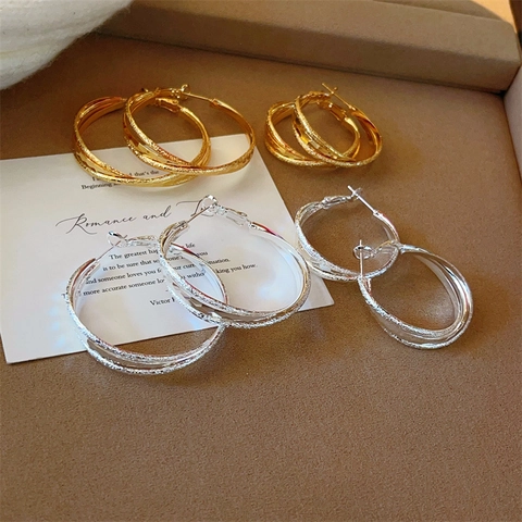 Luxury Gold Silver Plated Alloy Interlaced Hoop Earrings With Copper Earring Post Frosted Matte Geometric Round Loop Earrings For Women