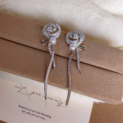 Elegant Rose Flower Long Tassel Earrings With Cubic Zirconia Artificial Pearl 925 Sterling Silver Earring Post For Women Vintage