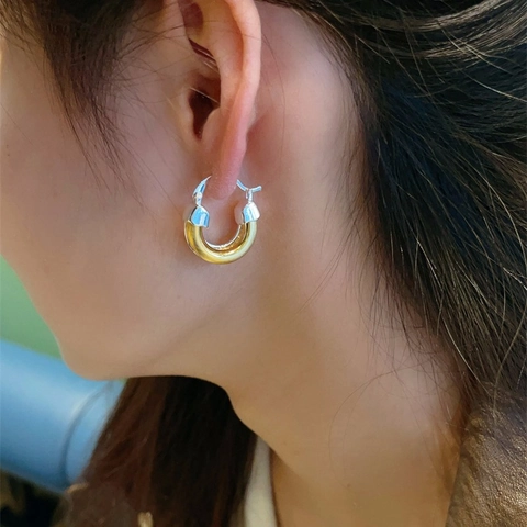 Boucles D'Oreilles Créoles Bicolores Géométriques Or Argent Métal Épais Pour Femmes Avec Tige En Argent Sterling 925