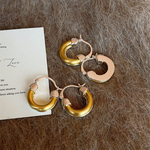 Boucles D'Oreilles Créoles Bicolores Géométriques Or Argent Métal Épais Pour Femmes Avec Tige En Argent Sterling 925