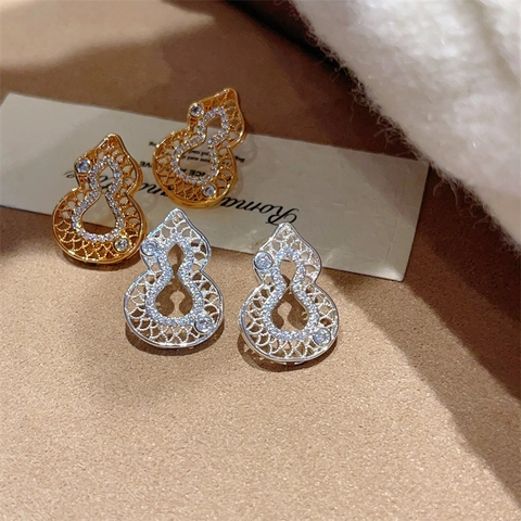 Hollow Gourd Stud Earrings New Chinese Style Zirconia Jewelry With 925 Sterling Silver Earring Post For Women Elegant