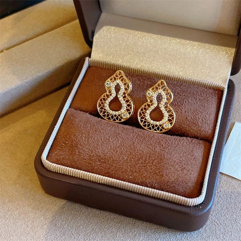 Hollow Gourd Stud Earrings New Chinese Style Zirconia Jewelry With 925 Sterling Silver Earring Post For Women Elegant