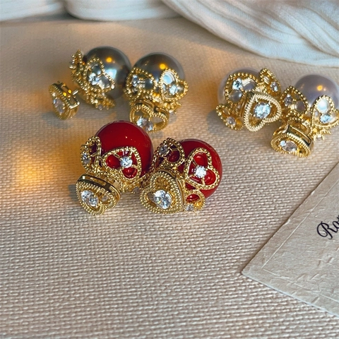 Elegant Heart Pearl Stud Earrings With 925 Sterling Silver Earring Post Alloy Zirconia Double Sided Earrings For Women Jewelry
