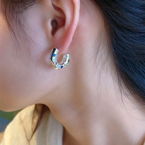 Kleurrijke Zirkonia C-Vorm Hoop Oorbellen 18K Verguld Retro Luxe Met 925 Sterling Zilveren Oorsteker