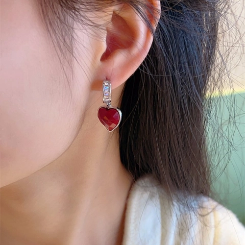 Rode Hart Vierkant Hangende Oorbellen Legering Zirkoon Synthetische Robijn Met 925 Sterling Zilveren Oorsteker Sieraden Dames