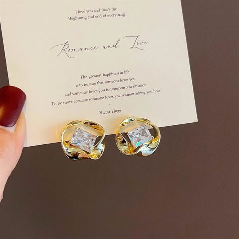 Square Zircon Ear Studs With 925 Sterling Silver Earring Post Twisted Metal Geometric Earrings For Women Elegant Jewelry