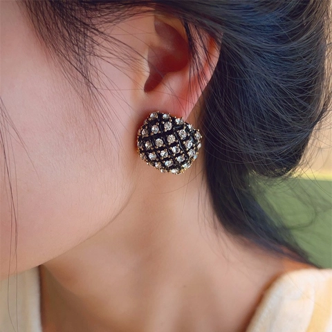 Boucles D'Oreilles Vintage Géométriques Émail Strass Avec Tige De Boucle D'Oreille En Argent Sterling 925 Style Palais Élégant