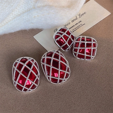 Geometrische Mesh Ohrstecker Mit 925 Sterling Silber Ohrringpfosten Französisch Retro Rot Harz Kupferlegierung Schmuck Damen