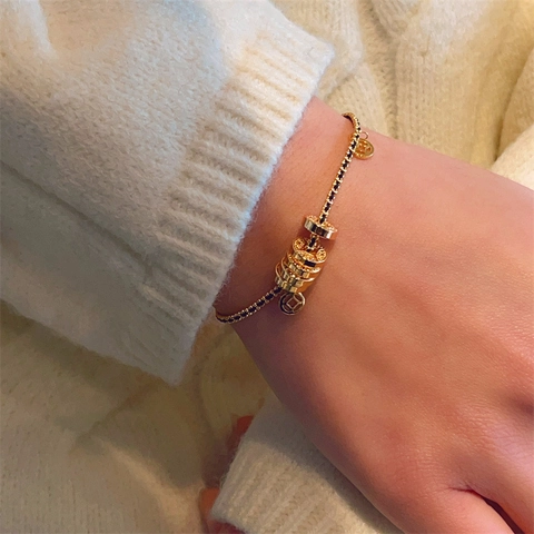 Pulsera De Monedas Chinas De Los Cinco Emperadores Mujer Cuerda Trenzada Negra Aleación De Cobre Joyería De Suerte