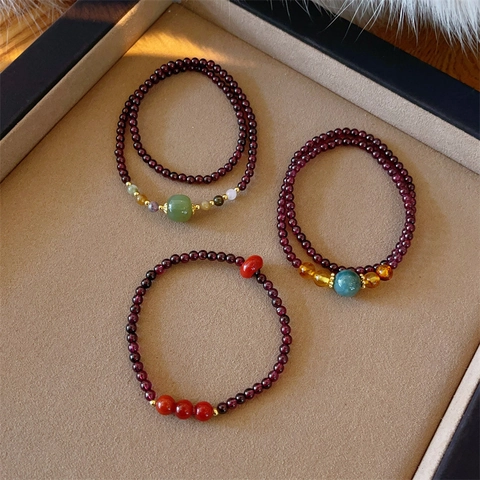 Granat Perlenarmband Mit Jade Smaragd Perlen Doppelreihig Vintage Chinesischer Stil Schmuck Geschenk Für Damen