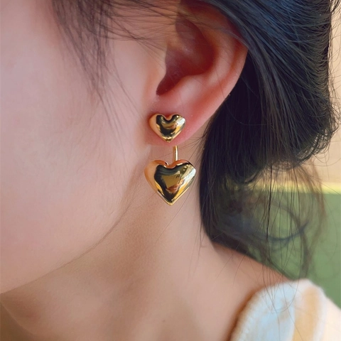 Double Heart Stud Dangle Earrings Alloy With 925 Sterling Silver Earring Post Mirror Polished High Shine Fashion For Women
