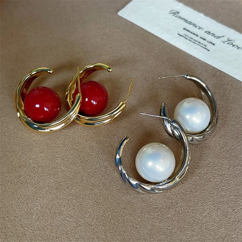 French Retro C Shape Hoop Earrings For Women With 925 Sterling Silver Earring Post Alloy Twisted Artificial Pearl Stud Jewelry