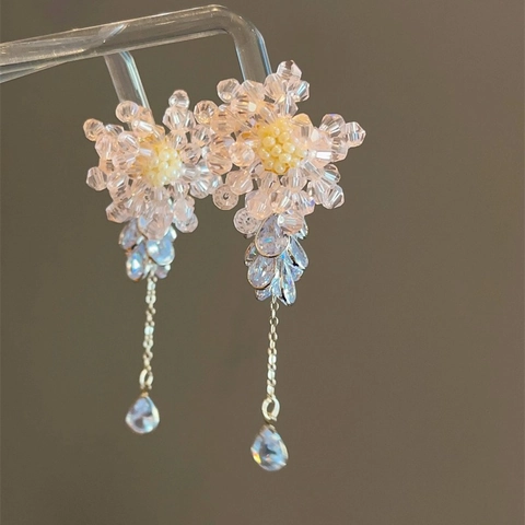 Flower Tassel Earrings With Pink Crystal Beads Faux Artificial Pearl Zirconia Drop And 925 Sterling Silver Earring Post Elegant Women
