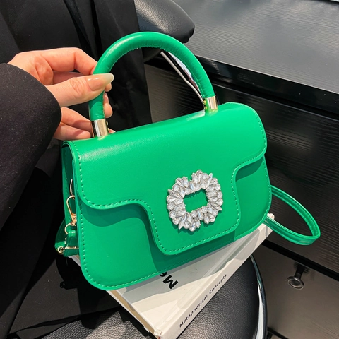 Bolso Bandolera De Cuero PU Para Mujer Hebilla Cuadrada De Diamantes De Imitación Bolso De Mano Minimalista De Color