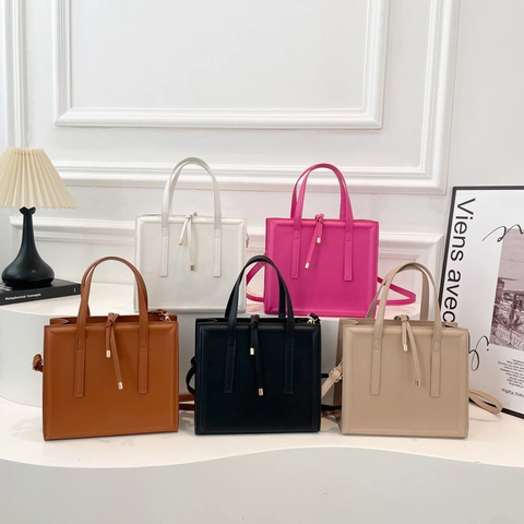 Women PU Leather Crossbody Bag Structured Vertical Square Tote Handbag With Adjustable Strap Knot Decor Elegant