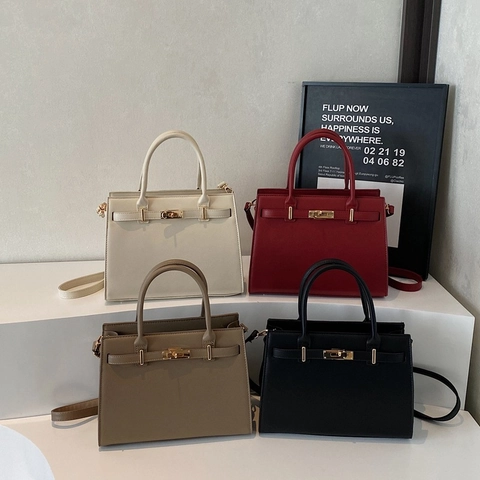 Women PU Leather Handbag Vintage Top Handle Crossbody Bag Golden Metal Lock Saffiano Textured Commuter Bag