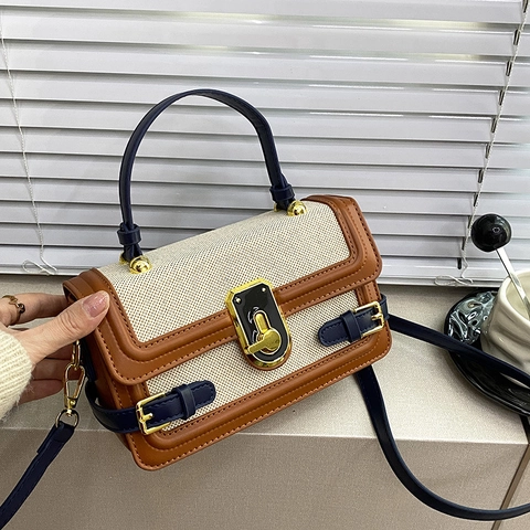 Borsa A Tracolla Vintage Donna Colore A Contrasto Pelle PU Piccola Borsa A Mano Quadrata Con Chiusura Metallica Elegante Borsa Ricamata