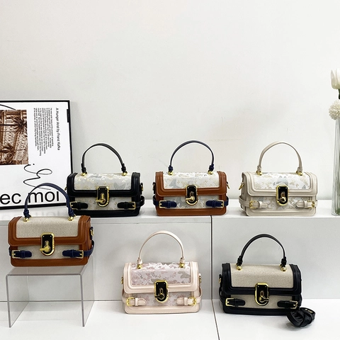 Borsa A Tracolla Vintage Donna Colore A Contrasto Pelle PU Piccola Borsa A Mano Quadrata Con Chiusura Metallica Elegante Borsa Ricamata