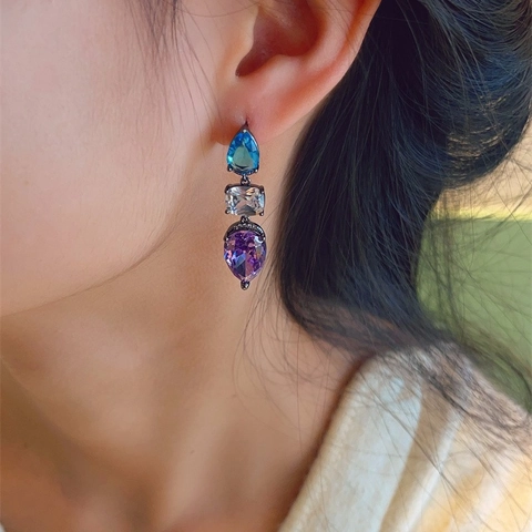Boucles D'oreilles Pendantes De Luxe À Trois Couches En Cristal Coloré Avec Tige En Argent Sterling 925