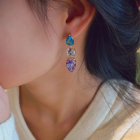 Boucles D'oreilles Pendantes De Luxe À Trois Couches En Cristal Coloré Avec Tige En Argent Sterling 925