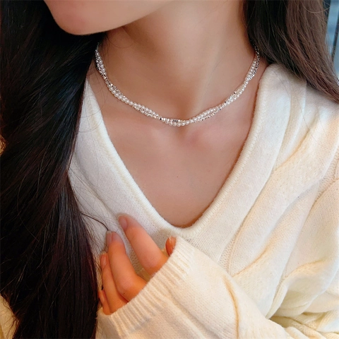 Double Layer Stainless Steel Necklace For Women Elegant Glass Artificial Pearl Choker Dainty Faceted Bead Chain Stackable Jewelry