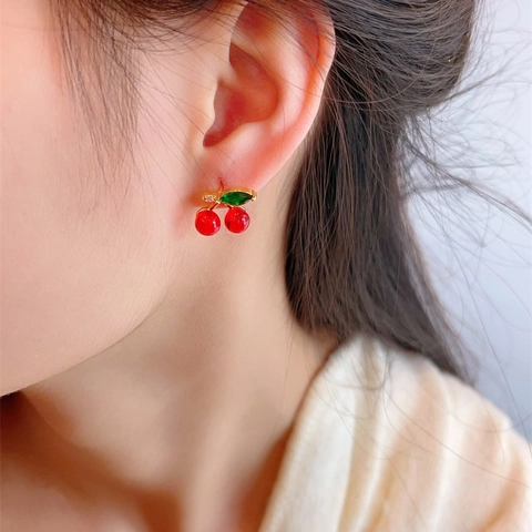 Sweet Cherry Stud Earrings With 925 Sterling Silver Post Alloy Zirconia Resin Fruit Jewelry For Women Girls Gift