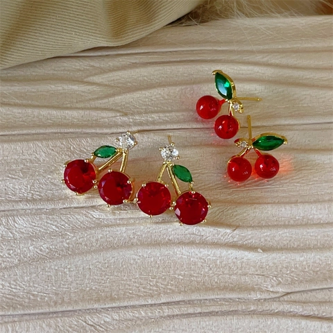 Sweet Cherry Stud Earrings With 925 Sterling Silver Post Alloy Zirconia Resin Fruit Jewelry For Women Girls Gift