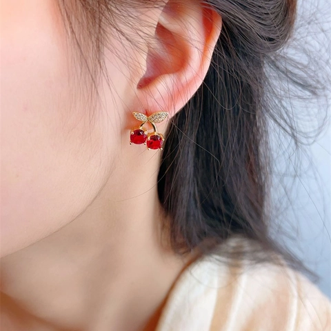 Cherry Stud Earrings Alloy Zircon Fruit Jewelry With 925 Sterling Silver Earring Post Elegant Sweet Gift For Women