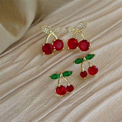 Cherry Stud Earrings Alloy Zircon Fruit Jewelry With 925 Sterling Silver Earring Post Elegant Sweet Gift For Women