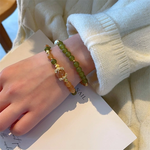 Double Layer Jasper Beaded Bracelet With Yellow Tower Crystal And Artificial Pearl Elegant Vintage Crown Charm Hand Jewelry For Women