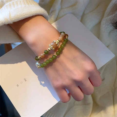 Double Layer Jasper Beaded Bracelet With Yellow Tower Crystal And Artificial Pearl Elegant Vintage Crown Charm Hand Jewelry For Women