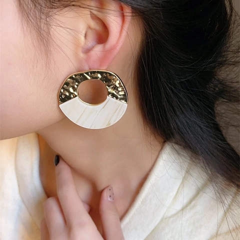 Vintage Geometrische Creolen Mit Hammerschlag Metall Und Acryl Marmormuster 925 Sterling Silber Ohrstecker Für Damen