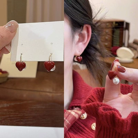 Heart Artificial Pearl Dangle Earrings With 925 Sterling Silver Earring Post Red Enamel French Sweet Romantic Jewelry For Women