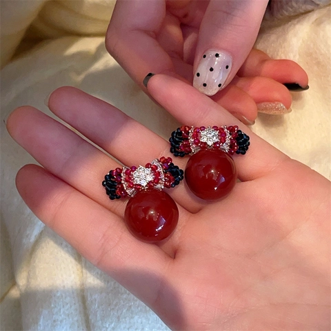 French Retro Bowknot Red Imitation Artificial Pearl Dangle Earrings For Women With 925 Sterling Silver Earring Post Vintage Beaded