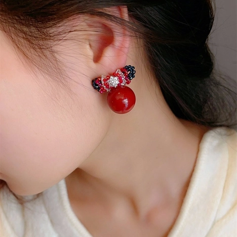 French Retro Bowknot Red Imitation Artificial Pearl Dangle Earrings For Women With 925 Sterling Silver Earring Post Vintage Beaded