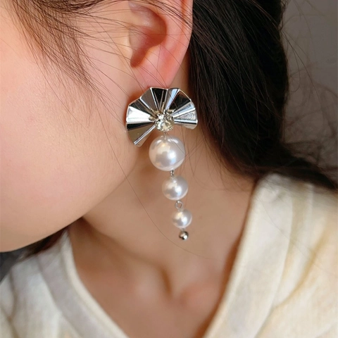 Folding Fan Drop Earrings With 925 Sterling Silver Earring Post Rhinestone Gradient Faux Artificial Pearl Elegant Sweet Jewelry