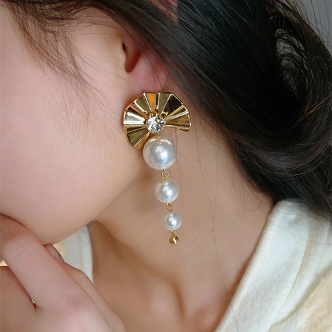 Folding Fan Drop Earrings With 925 Sterling Silver Earring Post Rhinestone Gradient Faux Artificial Pearl Elegant Sweet Jewelry
