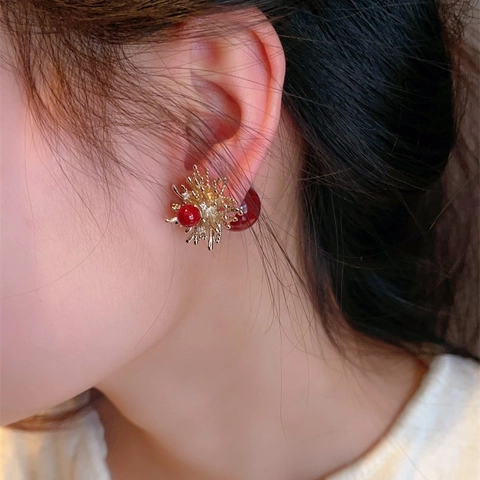Fireworks Red Artificial Pearl Stud Earrings With 925 Sterling Silver Earring Post Elegant Festive For Women