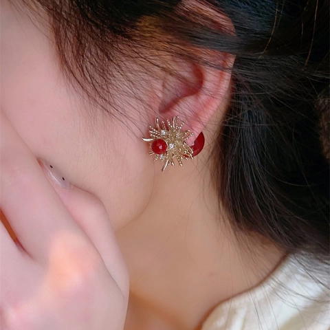 Fireworks Red Artificial Pearl Stud Earrings With 925 Sterling Silver Earring Post Elegant Festive For Women