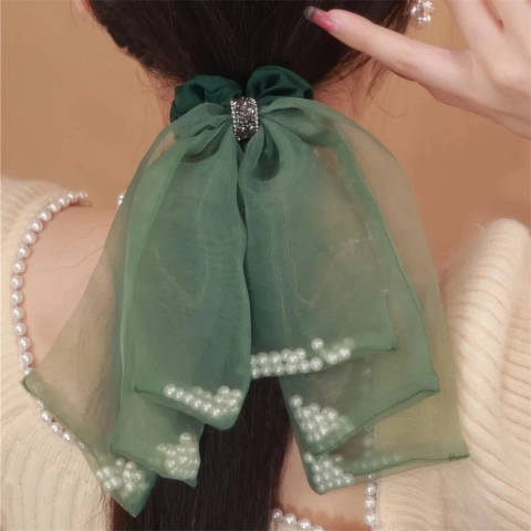 French Vintage Oversized Bow Hair Tie Scrunchie With Organza Satin Faux Artificial Pearl And Rhinestone Elegant Forest Style Women